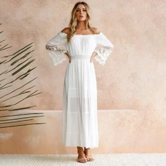 Bohemian White Off Shoulder Floral Ruffle Dress - Picture 1 of 6